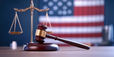 Gavel and Scales of Justice with U.S. Flag, Symbolizing Law and Order