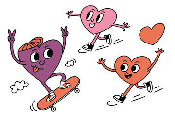 Cartoon hearts having fun running and skateboarding on white background