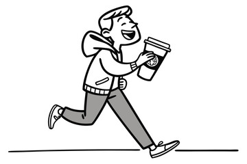 Cartoon young man running joyfully holding coffee cup drink illustration