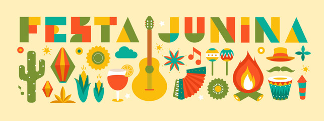 Festa junina poster with geometric pattern. Summer brazilian carnival banner with icons of music, lanterns, flowers, hats and flags. Geometric banner of june festival in Brazil, vector illustration