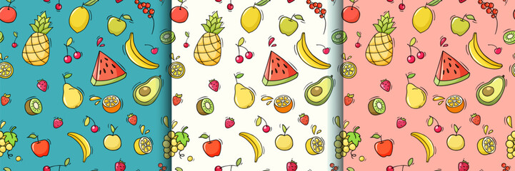 Set - Fruit background with doodle strawberry, apple, lemon and banana. Seamless pattern with pear, pineapple, orange, kiwi and watermelon slice. Fruit and berries pattern, vector sketch illustration