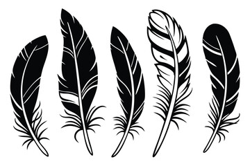 Collection of black feather silhouettes isolated on white background vector graphics