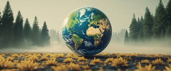 Stunning eco Earth orb with digital forest textures, floating to the far left with full-width flat cream background � ultra-wide layout for website hero section"
