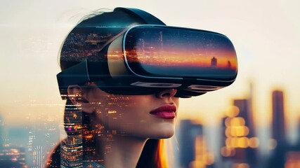 Immersive vr experience woman exploring digital cityscape via virtual reality headset