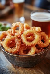 Crispy Golden Onion Rings Served in a Rustic Bowl with a Cold Beverage in the Background, Perfect for Snack Lovers and Food Enthusiasts