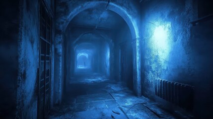 Abandoned, dimly lit corridor with arched doorways