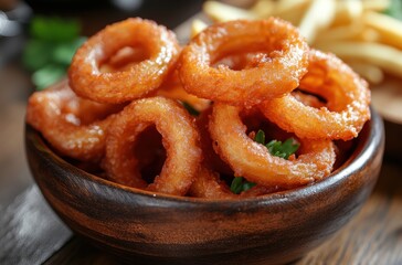Crispy Golden Onion Rings Served in a Wooden Bowl with Fresh Garnish and Accompanied by French Fries on a Rustic Restaurant Table