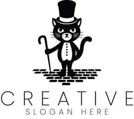 Elegant Black Cat Gentleman Logo Design Vector Illustration pet cane icon cute image white retro    
