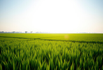 Obraz premium Vibrant rice paddy field stretches across the landscape, showcasing neat green rows under a clear blue sky with bright sunlight.