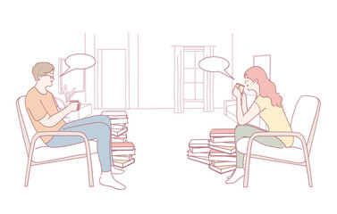 Two individuals are engaged in a thoughtful conversation in a minimalist library surrounded by books