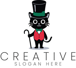Elegant Black Cat Gentleman Top Hat Cane Logo Design Vector Illustration red art pet cute icon flat 