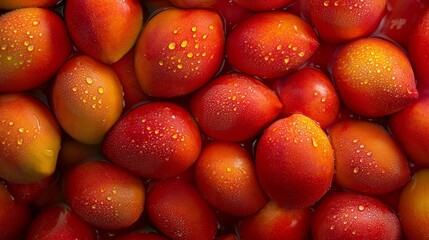 A bunch of red tomatoes with water droplets on them