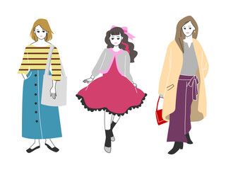 人物イラストセット：おしゃれな女性の全身ポーズ