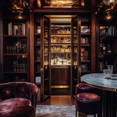 Obraz premium Cozy Vintage Shop Interior at Night with Wooden Furniture, Bookshelves, Market Goods, and Warm Lighting – Rustic Room Design Blending Library, Home, and Store Elements