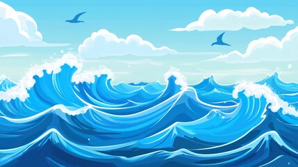 A vibrant illustration of a calm sea with birds and clouds.