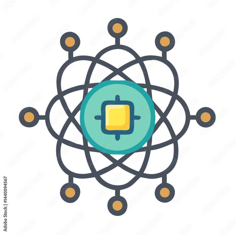 Poster quantum computing and neural network icon with nodes and interconnections