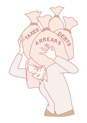 An illustration showing a person grappling with the heavy burdens of taxes, arrears, and overwhelming debts