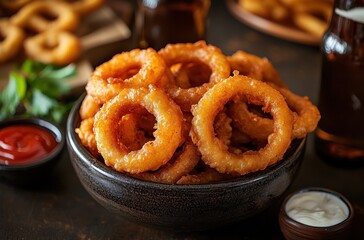 Crispy Onion Rings Served with Dipping Sauces in a Rustic Bowl with Beer in the Background on a Wooden Table