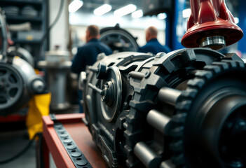 Fototapeta premium Closeup view of an automatic transmission gear part on a workbench, showcasing detailed mechanical components in a garage setting.
