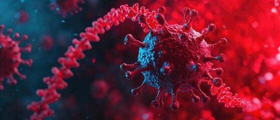DNA nucleotide forensic concept. Microscopic view of a virus with red and blue background.