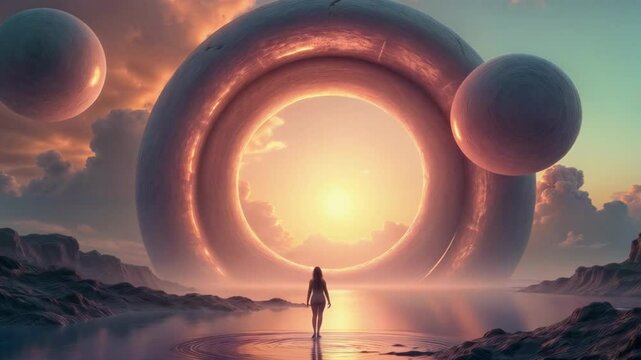 Futuristic fantasy landscape with silhouette of woman standing before cosmic portal. Alien planet with surreal sky, celestial phenomena, luminous orbs, and strange rock formations reflecting in still 