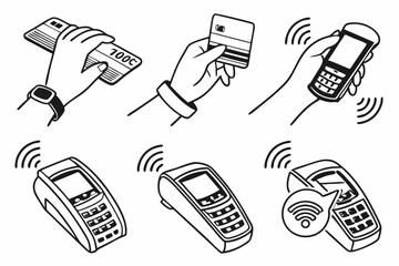 Contactless payment methods illustration hands holding credit cards and payment terminals