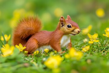 Obraz premium A red squirrel sits amid vibrant yellow flowers in lush green grass.