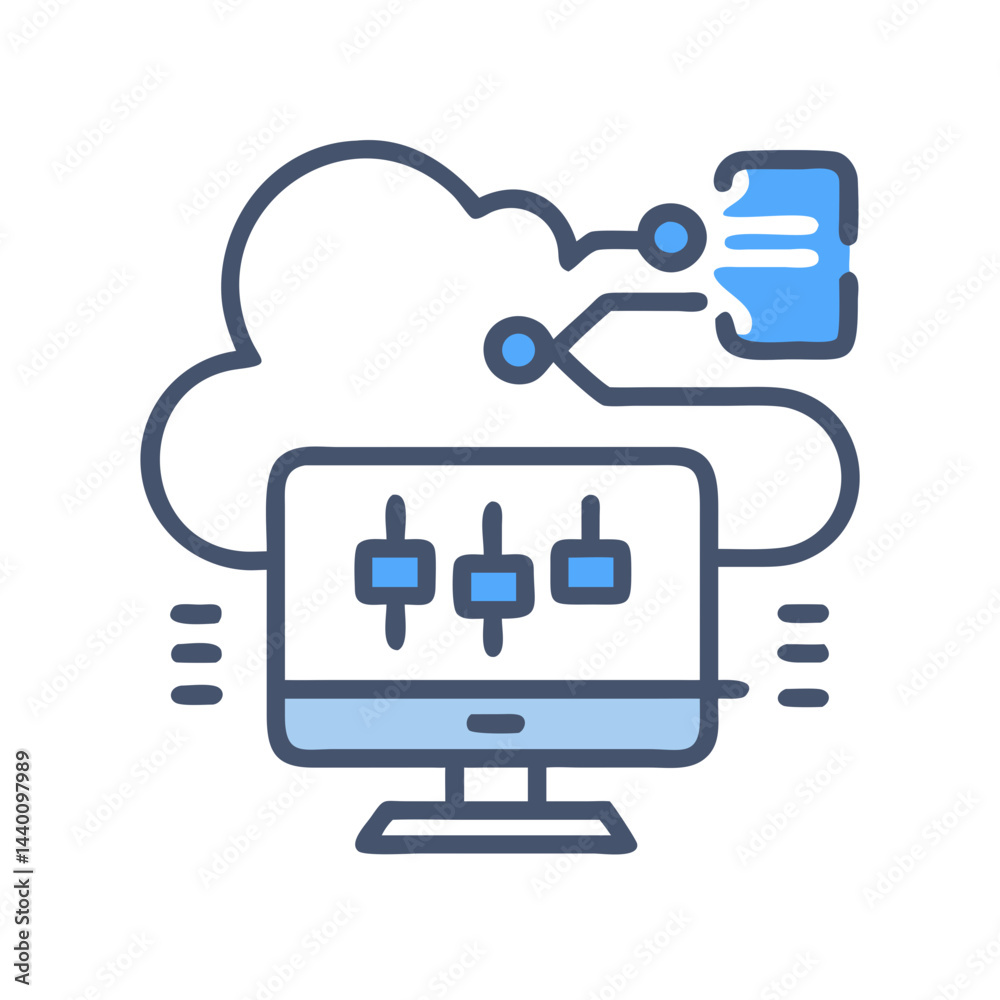 Poster cloud computing data analysis on computer with file connection icon illustration