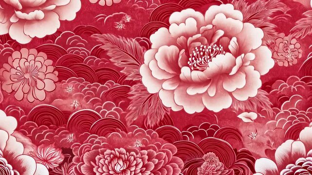 Red Peony and Auspicious Clouds Pattern Background Animation