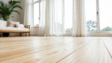 Obraz premium Natural wooden floor in sunlit modern living space