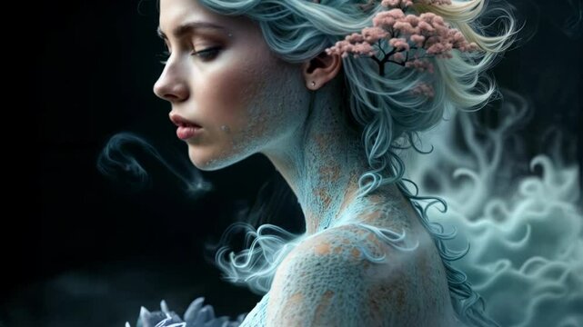 Surreal digital art of woman's profile with face dissolving into clouds. Creative beauty portrait with double exposure effect blending human features with sky elements, representing dreamy mindfulness