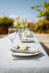 Wedding table setup in a backyard, Sunshine and blue sky