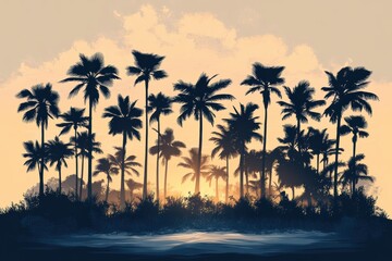 Graphic layout for advertising featuring a tropical sunset with palm trees in silhouette