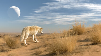 Solitary white wolf standing amidst dry grass in a desert landscape under a daytime sky with a large crescent moon visible.