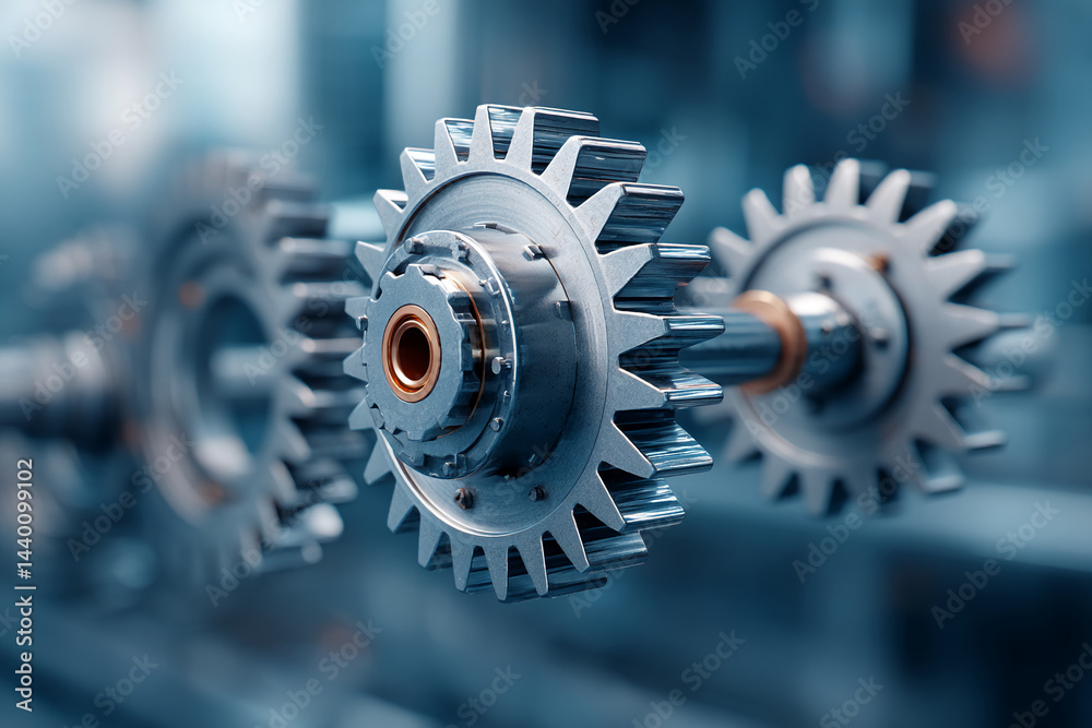 Poster close-up of metallic gears intermeshing, showcasing precision engineering and industrial design, sym