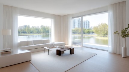 Modern living room with lake views