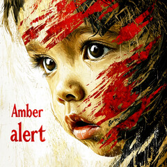 Artistic illustration depicting a distressed child's face with textured paint strokes and the words Amber alert, conveying urgency and concern.