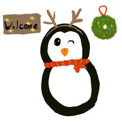 Cute hand-drawn penguin with antlers, red scarf, welcome sign, and Christmas wreath, festive childlike winter holiday illustration