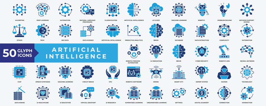 Artificial Intelligence icon set with algorithm, deep learning, automation, natural language processing, machine learning, robotic, data science, predictive analytics and robotic process automation