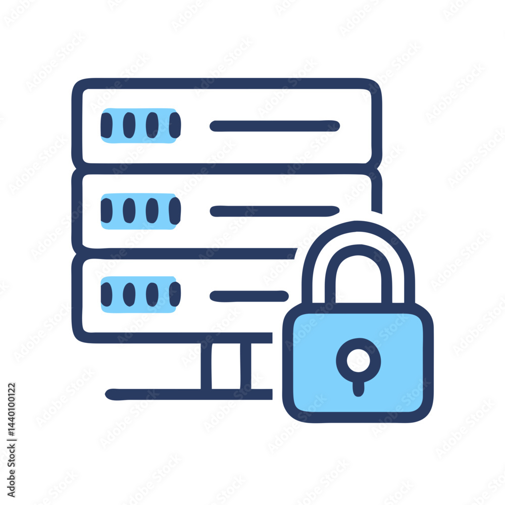 Poster data security: server with padlock icon illustrating protection and encryption