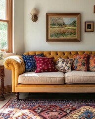 Mustard Yellow Chesterfield Sofa with Cushions and Rug: A luxurious mustard yellow chesterfield sofa takes center stage, adorned with a collection of patterned cushions in rich jewel tones.
