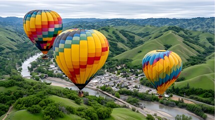 Obraz premium Colorful Hot Air Balloons Soaring Over Lush Green Valley Landscape