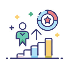Career Growth Success Icon with Statistics and Ascending Steps on Black Background