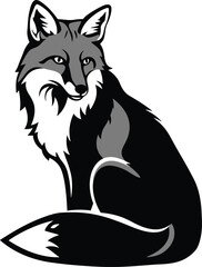 Sitting Fox, Black and White Vector Illustration