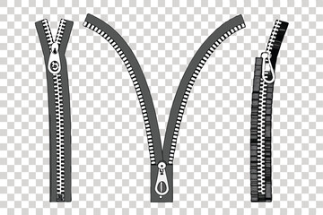 Hand drawn zippers vector illustration in open and closed positions on transparent background