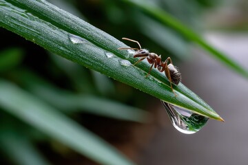 An ant skillfully navigates the edge of a leaf adorned with glistening dew droplets, exemplifying the intricate and delicate balance of nature's tiny inhabitants.