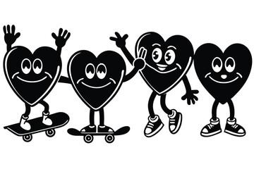Happy heart cartoon characters skateboarding and standing for love fun