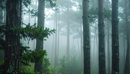 Fototapeta premium Dense mist wrapping around dense pine trunks, soft dripping of water from needles echoing through the silent woodland