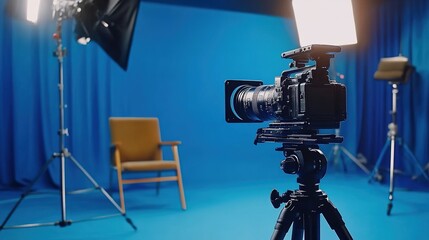 Camera on tripod with blue backdrop, chairs, and softboxes in a studio.