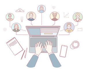 A detailed visual representation illustrating the concepts of virtual teamwork along with digital communication tools